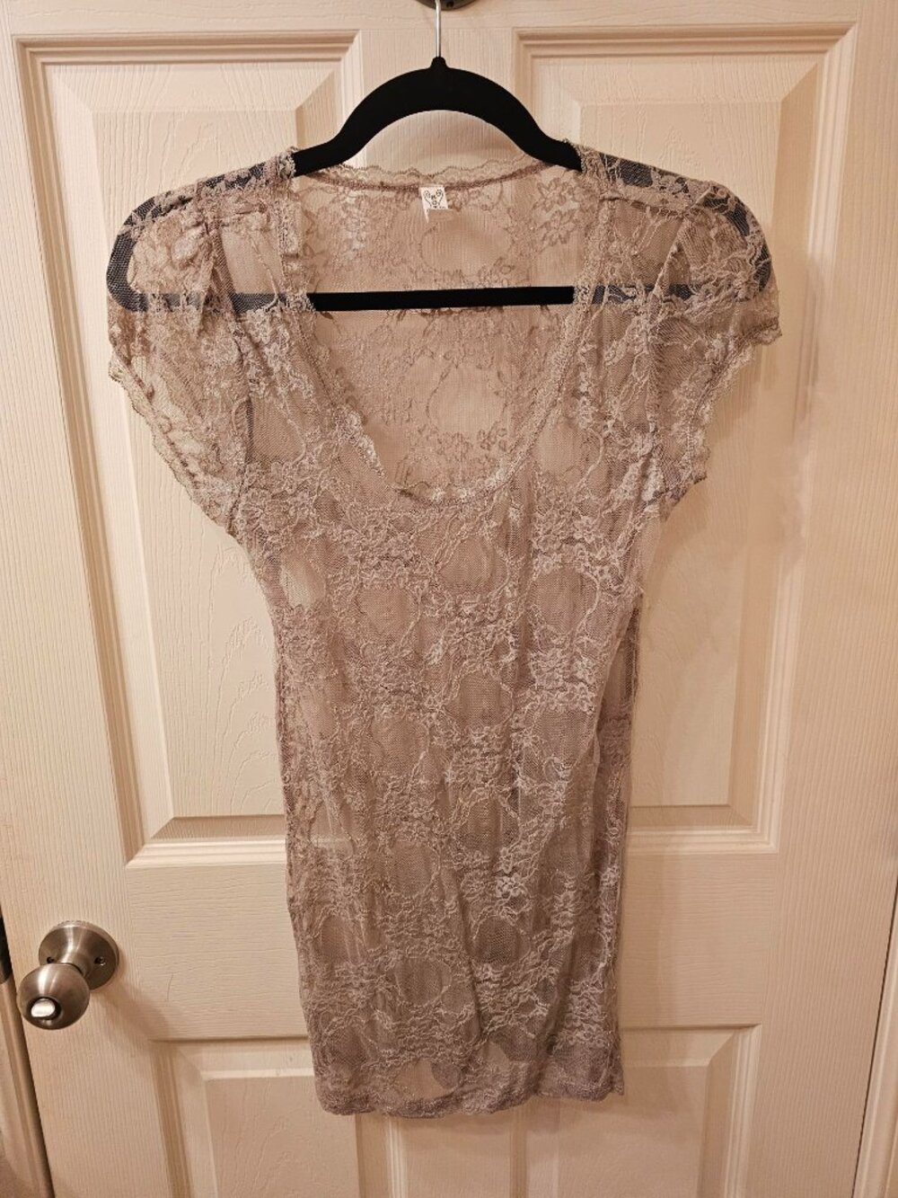 Bonzzolo Large Taupe Sheer Lace Blouse